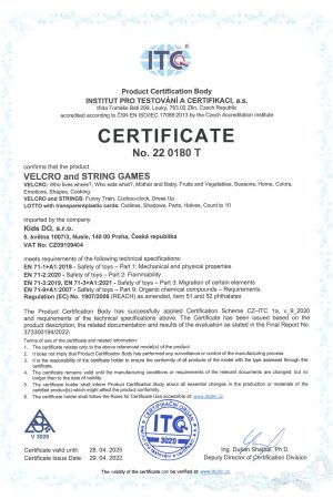 certificate VELCRO & STRINGS GAMES